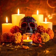 A colorful skull surrounded by lit candles and flowers