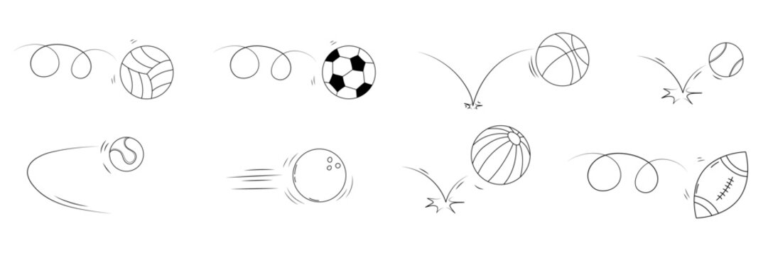 Mixed sport balls bounce line set with soccer basketball tennis and rugby. Hand drawn curved trajectories, rebound effects and playful motion. Doodle vector illustration for dynamic sport graphics.