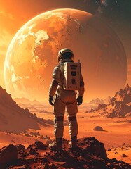 Astronaut standing on a rocky outcrop gazing at a large orange planet