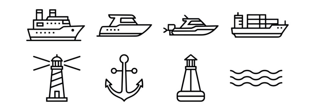 Maritime and nautical line art icons set