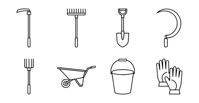 Gardening and farming tools line drawings set