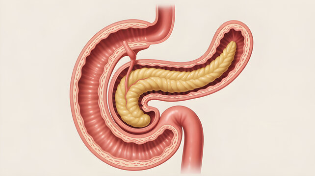 Duodenum C-shaped section, connected to stomach and pancreas, medical cutaway illustration