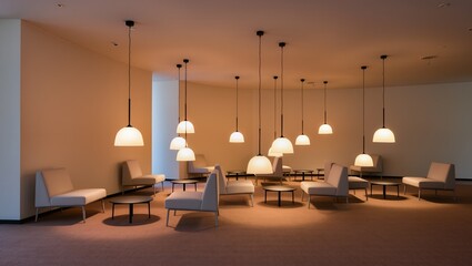 Elegant waiting area with beige armchairs arranged around round black coffee tables, pendant dome lamps above, neutral walls and carpet creating warm lounge atmosphere