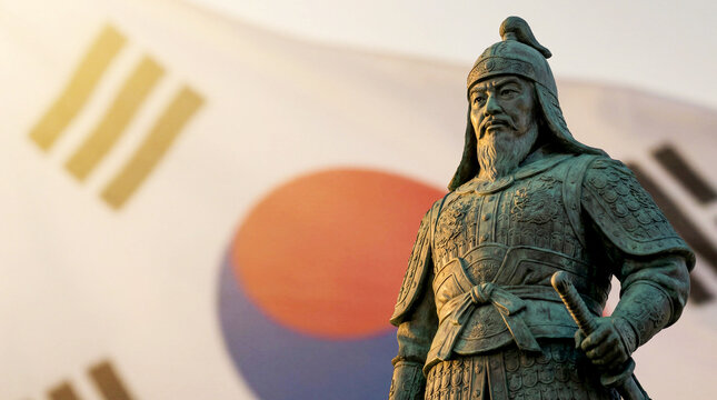 Admiral Yi Sun-sin statue with South Korea flag background representing Korean history and national heritage