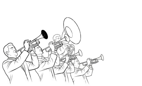 A sketch of a brass band playing trumpets and a tuba