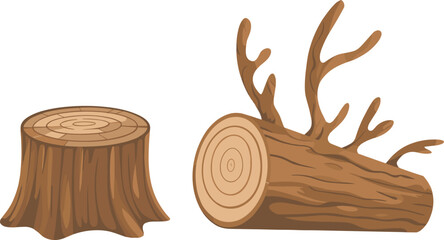 Cartoon tree stump and cut log with branches illustration, wooden timber forest element set for nature design, lumber concept isolated on white background. © Mst Jotsna