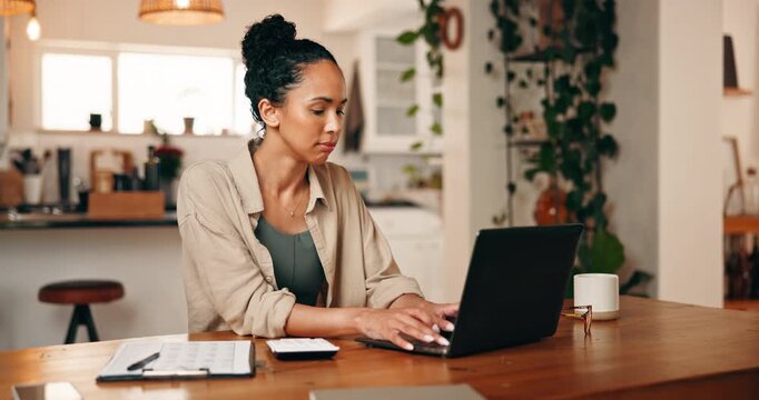 Woman, calculator or finance with laptop in home for budget planning, investment or expenses. Female person, accounting or checklist with computer for financial audit, bills or tax deduction in house