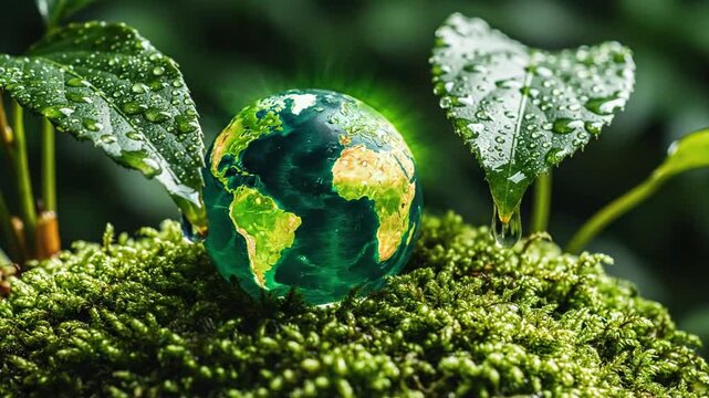 Glowing Earth globe on moss with wet green leaves