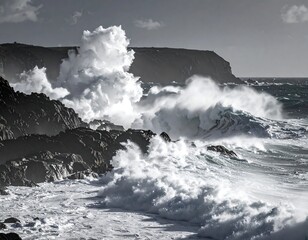Powerful ocean waves crash against rugged rocky shoreline