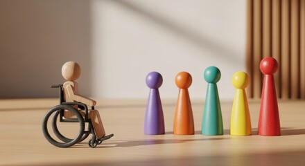Wooden figure in wheelchair facing colorful people icons symbolizing disability inclusion and equal rights