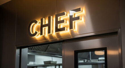 Fototapeta premium Modern kitchen with illuminated CHEF sign above stainless steel door