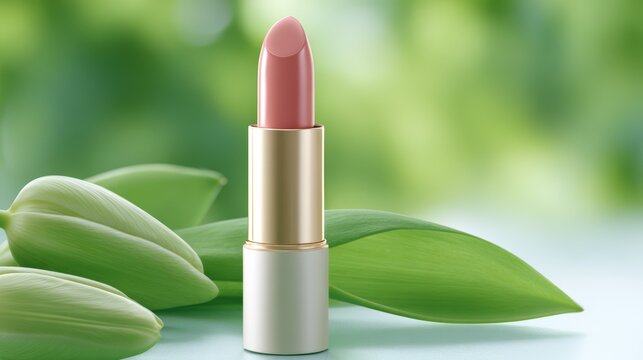 Pink lipstick in a gold and white tube is placed on green leaves with a blurred natural background, highlighting beauty and cosmetic themes with a fresh aesthetic
