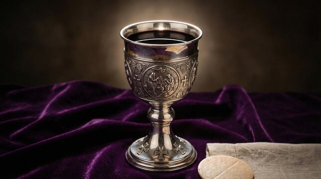 Silver chalice with red wine and communion wafer on purple fabric, concept of Maundy Thursday  