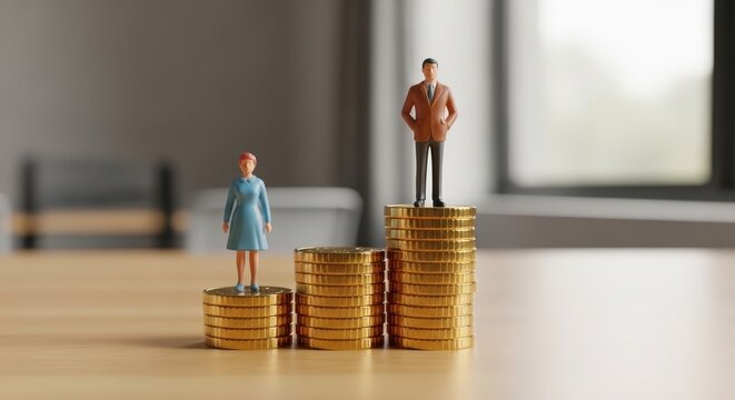 Male and female figurines standing on coin stacks representing gender pay gap and income inequality