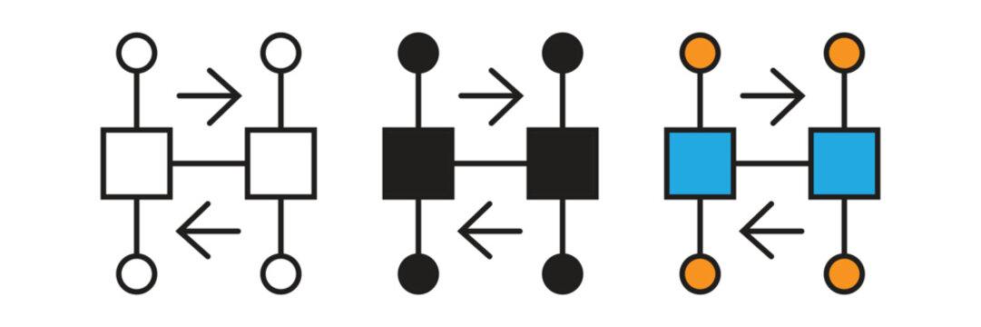 Data Exchange Flow Vector Icon. Abstract technical diagram representing data transmission and bidirectional communication between two central servers or nodes.