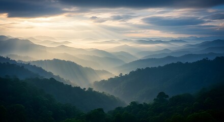 Naklejka premium Majestic Mountain Peaks in Morning Mist with Sun Rays, Cinematic Layered Hills 5K AI Wallpaper