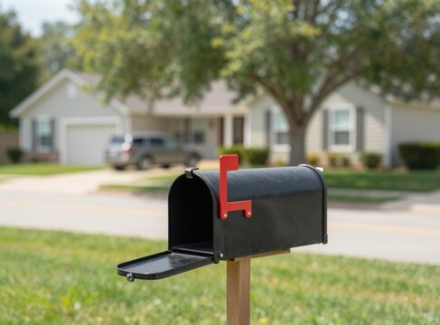 Open Mailbox with House in Background Depicts American Suburban Lifestyle and Communication