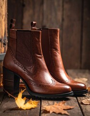 Brown leather cowboy boots on wooden floor with autumn leaves