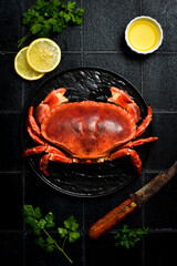 Image of Seafood. Boiled crabs seasoned with lemon, salt and spices. Vertical photo, top view. printed on Printed Glass Splashbacks