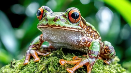 Obraz premium Close-up of a vibrant green and red tree frog perched on a mossy rock, eyes wide