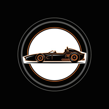 Minimalist vector emblem of a vintage formula racing car within a circular frame. Sleek black and orange design for automotive enthusiasts.