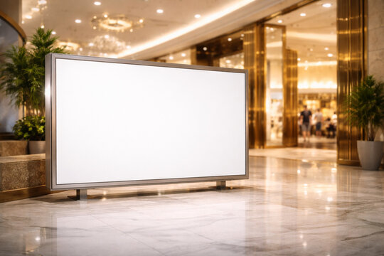 A blank horizontal billboard display stands on a polished marble floor in a luxurious, brightly lit indoor space with golden accents and blurred people in the background.