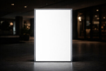 A blank illuminated white rectangular sign standing on a dark floor in a dimly lit indoor space, perfect for mockup display. © muhagraph