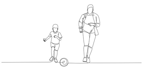 Continuous line of a father playing ball with his son