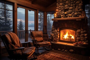 Naklejka premium Warm fire burning in a rustic stone fireplace with two rocking chairs overlooking a serene lake