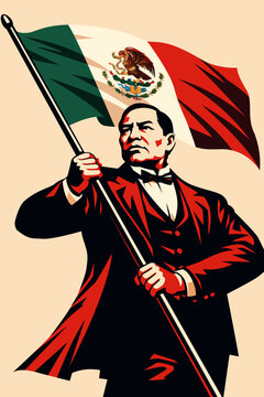 Retrato ilustrado de Benito Ju&aacute;rez sosteniendo la bandera mexicana en estilo gr&aacute;fico de alto contraste