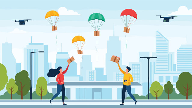 Futuristic concept of package delivery using autonomous drones and colorful parachutes dropping boxes over a busy urban city.