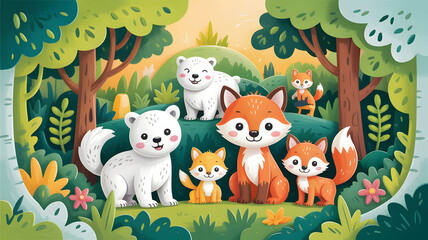 Naklejka premium Whimsical forest scene with adorable animals and lush greenery