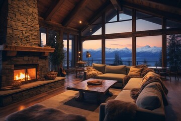 Naklejka premium Spacious rustic lodge interior featuring a warm fireplace and panoramic mountain views at sunset
