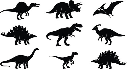 Set of dinosaur silhouettes including T rex, Triceratops, Stegosaurus, Spinosaurus, Brachiosaurus, Velociraptor and Pterodactyl, black prehistoric reptiles icons isolated on white background. © Vector Sifat