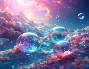 Vibrant colorful bubbles floating on water surface with flowers