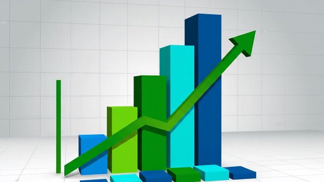 3D bar graph chart with a green upward trending arrow indicating growth and positive performance