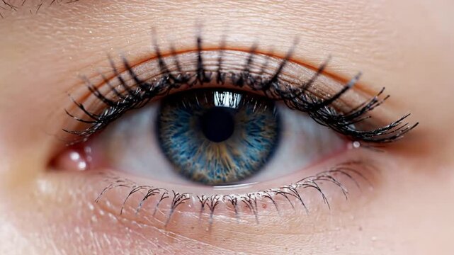 Mesmerizing close-up shot of an eye with striking blue and gold iris and long black lashes opening