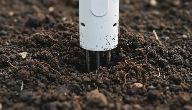 Close-up of smart agriculture soil moisture sensor probe measuring nutrient levels in dark fertile ground, agritech and smart farming concept.