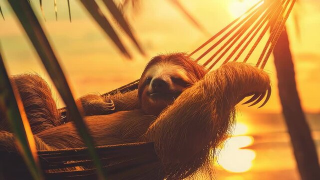 sloth on the hammock on the background of the sea. Selective focus