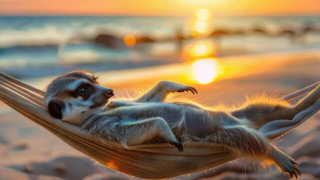 meerkat in a hammock on the background of the sea. Selective focus