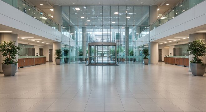 Spacious modern corporate office lobby interior, featuring sleek glass architecture and polished floors, representing professionalism and contemporary design