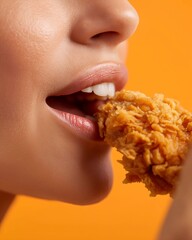 Close-up of a person biting into crispy fried chicken