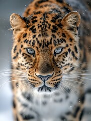 Amur Leopard's Piercing Blue Eyes in Winter Snow