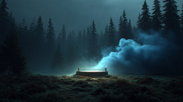 Wide shot , a wooden boxing stage in the center of forest with blue effect around the stage , action and dark mood.