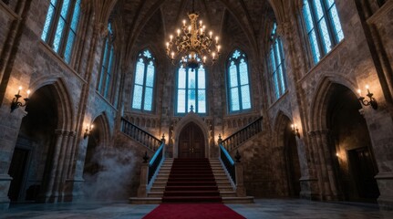 Obraz premium Grand Hall Interior with Gothic Arches, Chandelier, and Red Carpet Leading to a Staircase