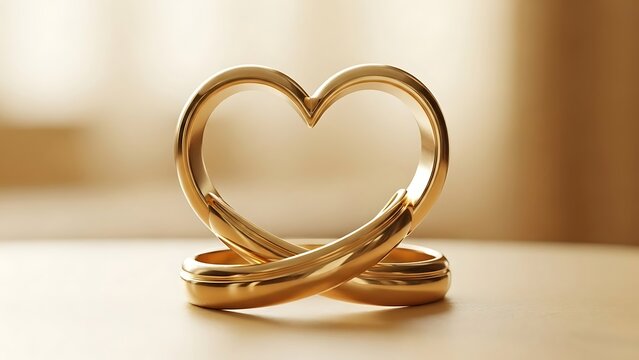 A golden heart shaped ring intertwined with wedding bands on a soft surface.