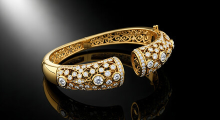 Exquisite Antique Gold Bangle Bracelet Adorned with Diamonds and Deep Blue Sapphires.