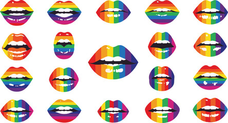 Vibrant Rainbow Lips Vector Collection: Diverse Set of Mouths Painted with Pride Flag Colors, Symbolizing LGBTQ+ Community, Acceptance, Love, and Expression of Identity on a White Background.