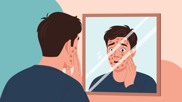 Worried young man looking at his reflection in a mirror and touching his face covered with red acne spots or skin inflammation.