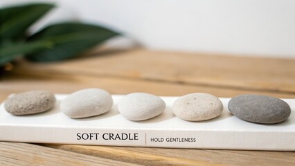 Soft Cradle of Smooth Stones in Neutral Tones for Relaxation and Mindfulness on Wooden Surface